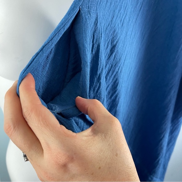 Tusso Crinkle Short Sleeves Kaftan Midi Dress Pockets Blue 2 / M Lagenlook Flowy - Picture 10 of 12